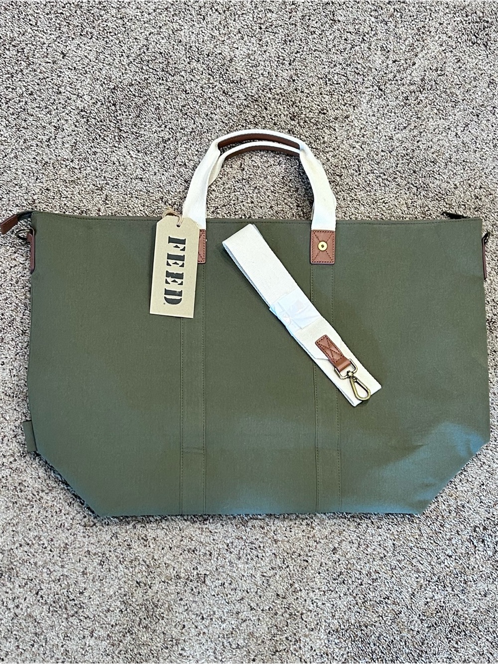 FEED XL Canvas Zippered Tote Multi-Carry Cotton Leather Army Green 23”x16” NEW